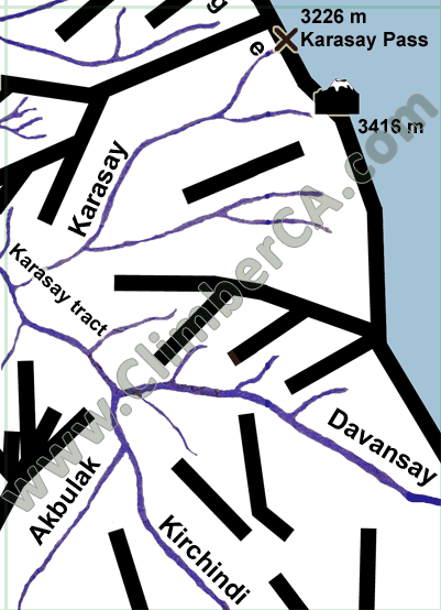 Karasay, Karasay Pass, Karasay tract, Akbulak, Davansay, Kirchindi
