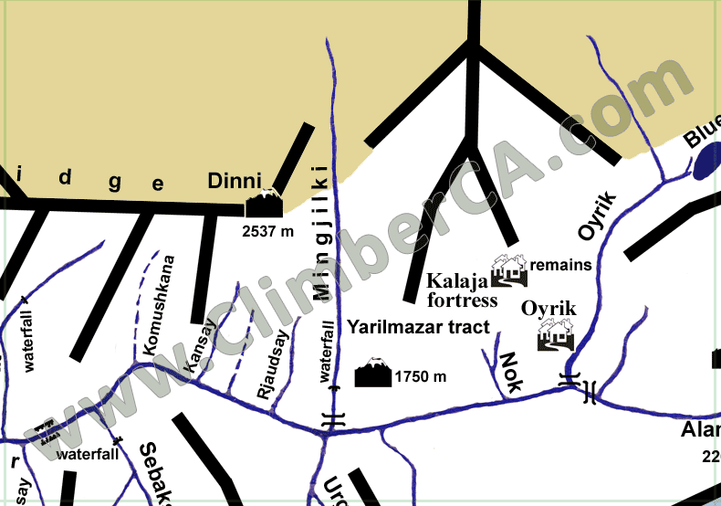 West Tien-Shan Mountains Map. Koksu, Mingjilki Rivers