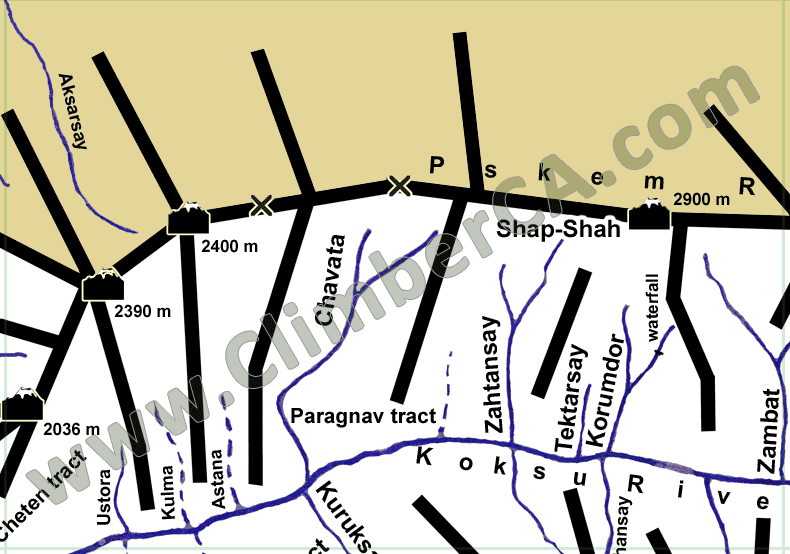 West Tien-Shan Mountains Map. Pskem Ridge, Koksu River